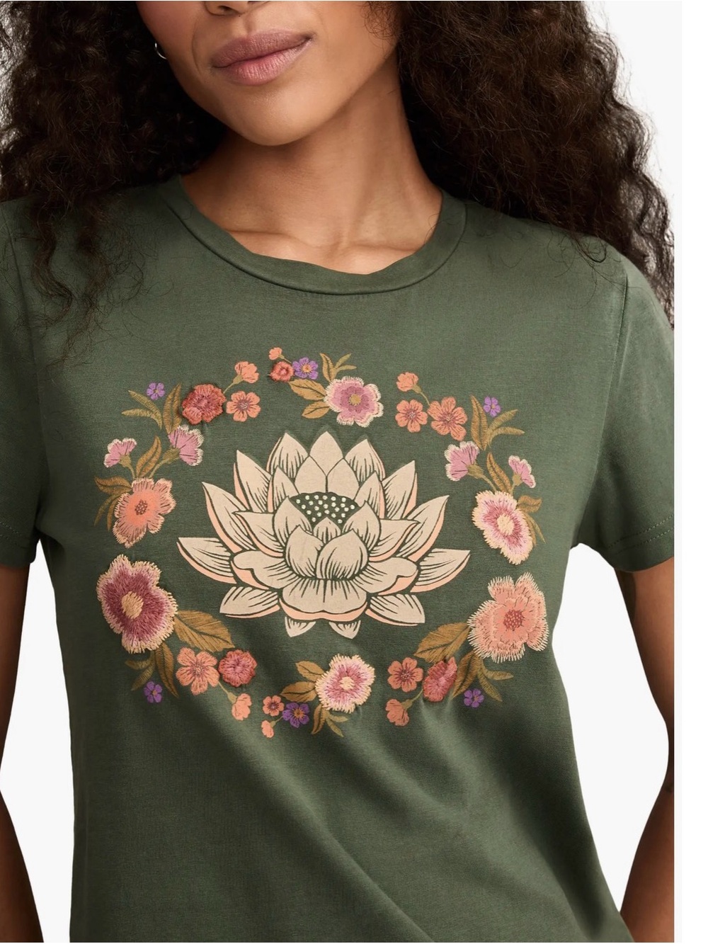 Lucky Brand Olive Green Lotus Floral Tee